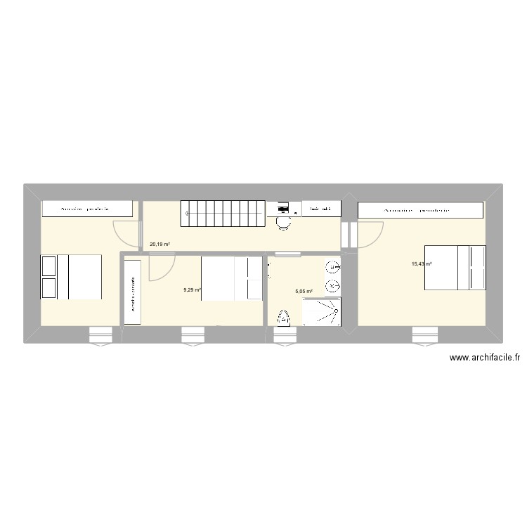 Étage forge. Plan de 4 pièces et 50 m2