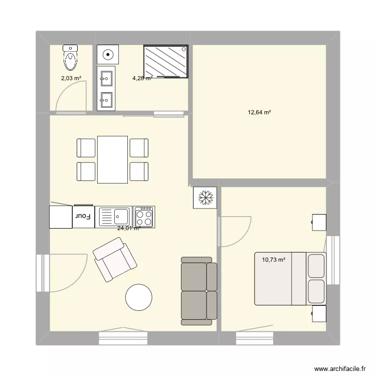 Sous sol chalet porte d&eacute;plac&eacute;e. Plan de 5 Pièces et 54 m²
