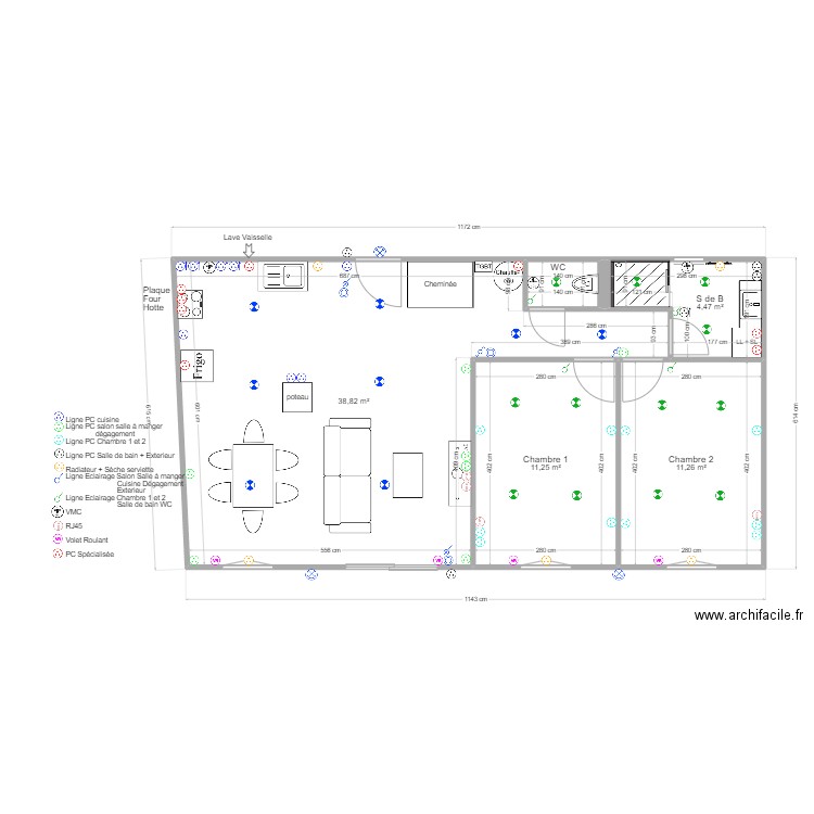 Location 60m². Plan de 5 pièces et 67 m2