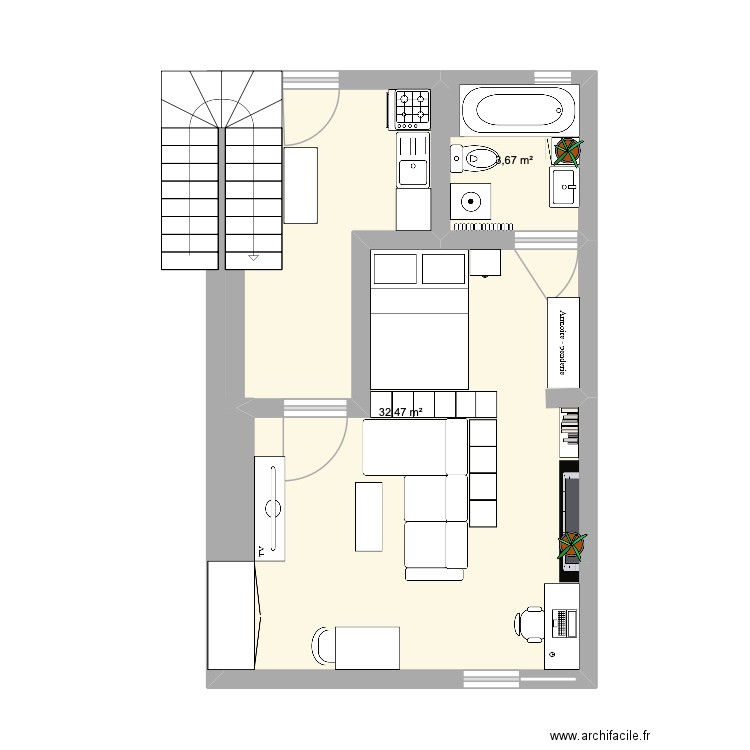 studio. Plan de 2 pièces et 36 m2