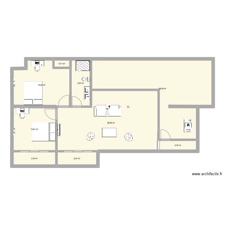 Sous sol aménagement V2. Plan de 9 pièces et 121 m2
