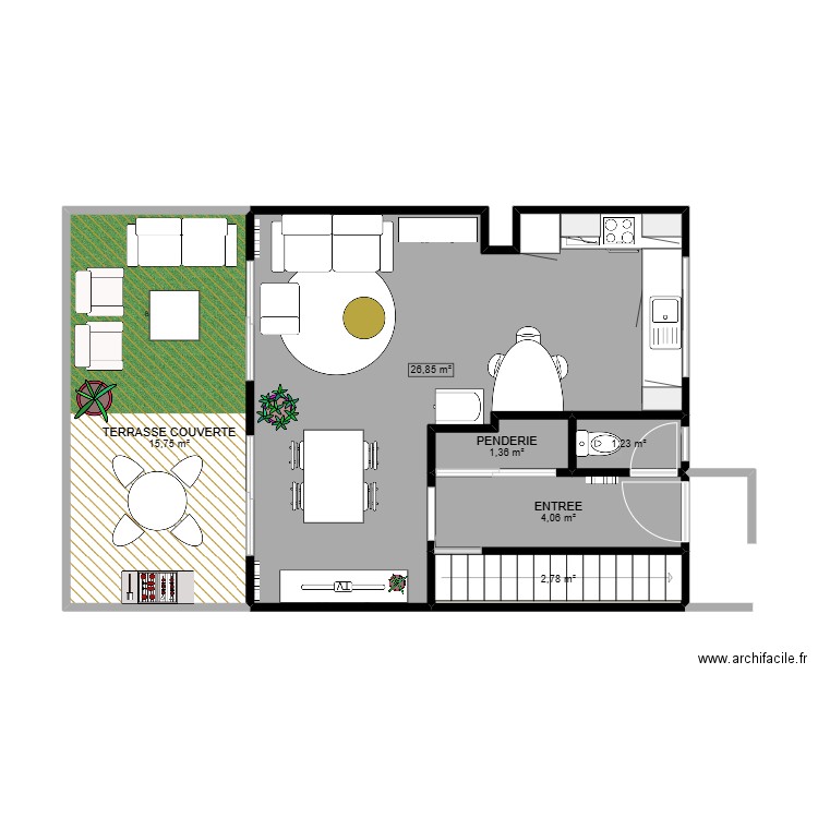 SAM CUISINE SALON. Plan de 6 pièces et 52 m2