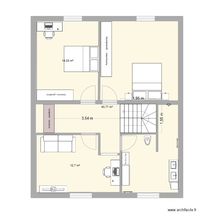 Plan 2e étage projet 1. Plan de 3 pièces et 99 m2