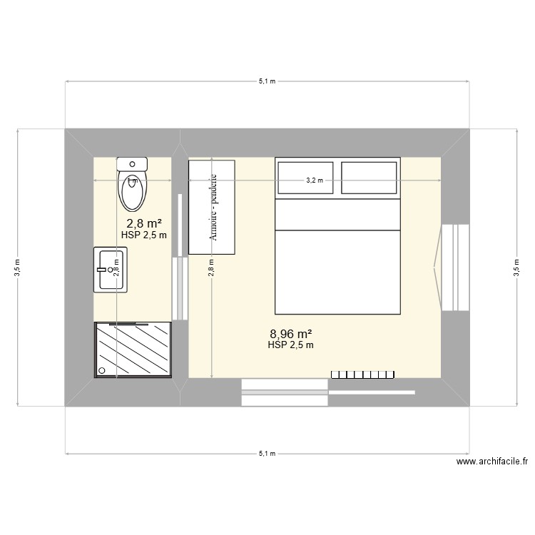Pianelli Projet seconde chambre. Plan de 2 pièces et 12 m2
