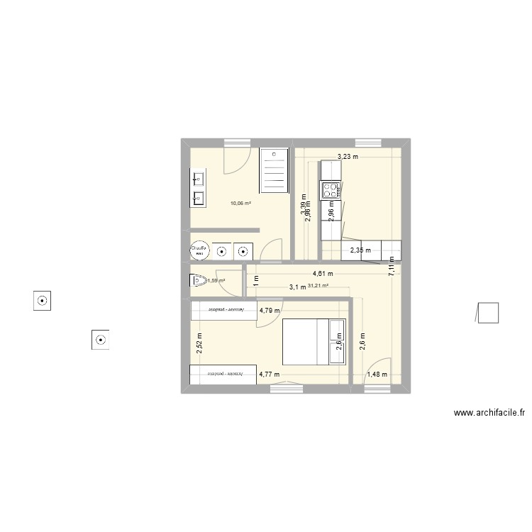 maison. Plan de 3 pièces et 43 m2