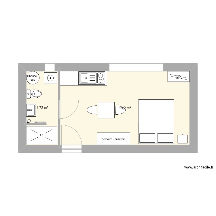 studio. Plan de 2 pièces et 24 m2