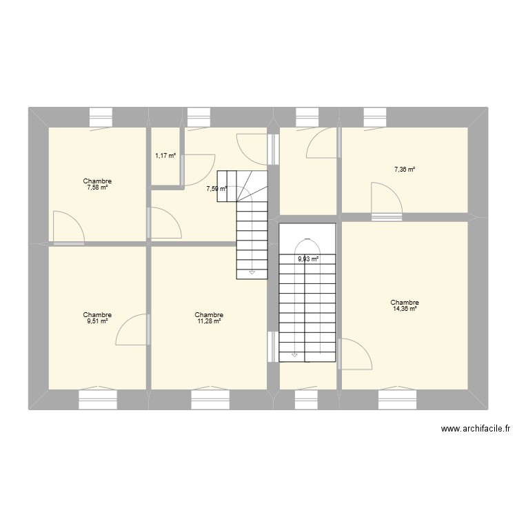 Maison Etage 1. Plan de 8 pièces et 69 m2