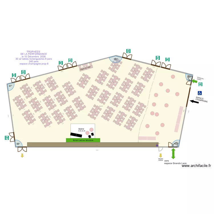 TROPHEES  DE LA PERFORMANCE le 10 D&eacute;cembre  2026 30 x2 tables rectangulaires 8 pers 240 pers  espace champagne prop 8. Plan de 1  et 584 m²