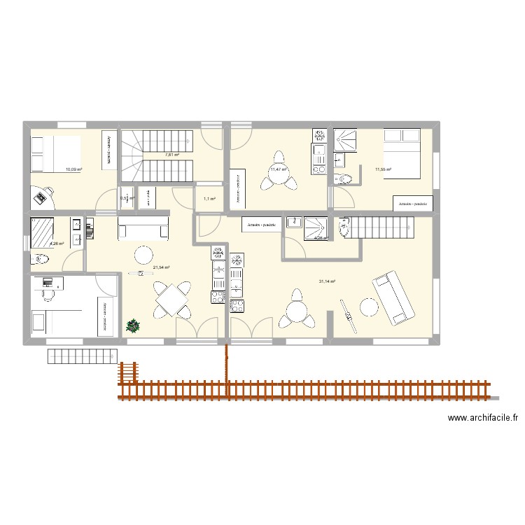 rez de chaussé. Plan de 8 pièces et 112 m2