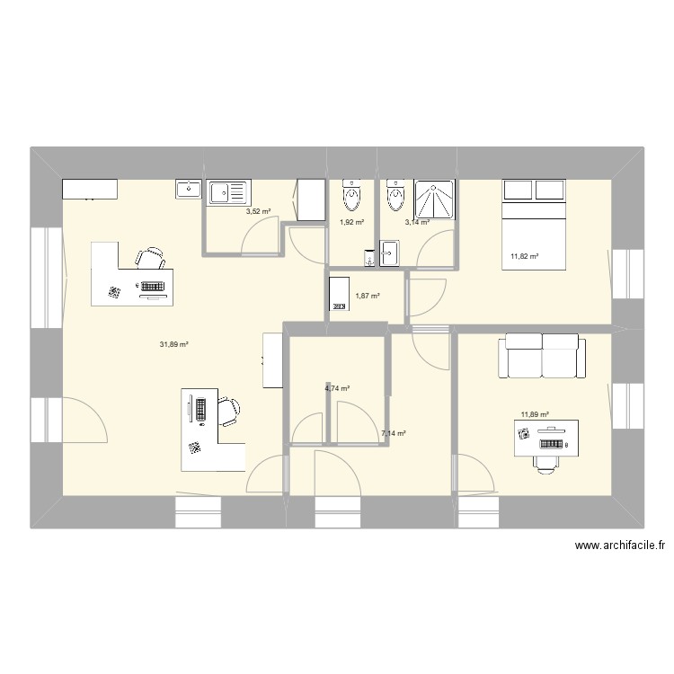 RdC. Plan de 9 pièces et 78 m2