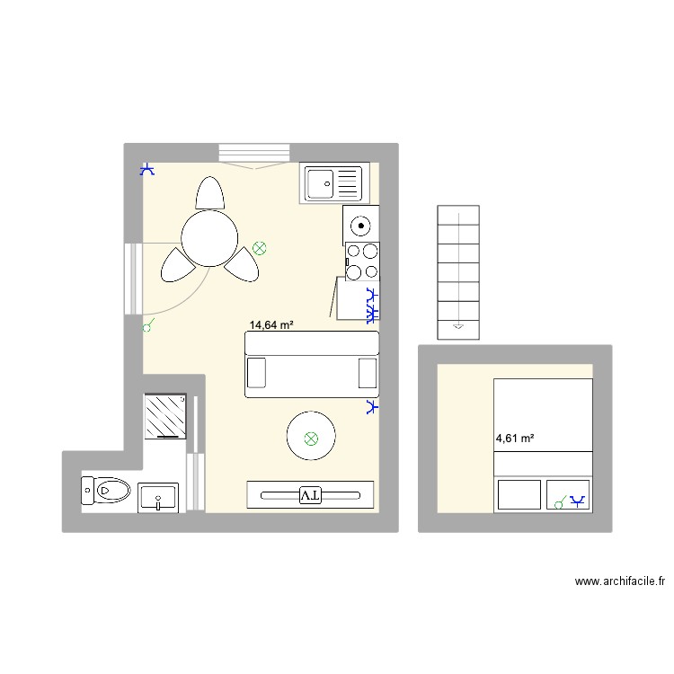 Studio Gauche. Plan de 2 pièces et 19 m2