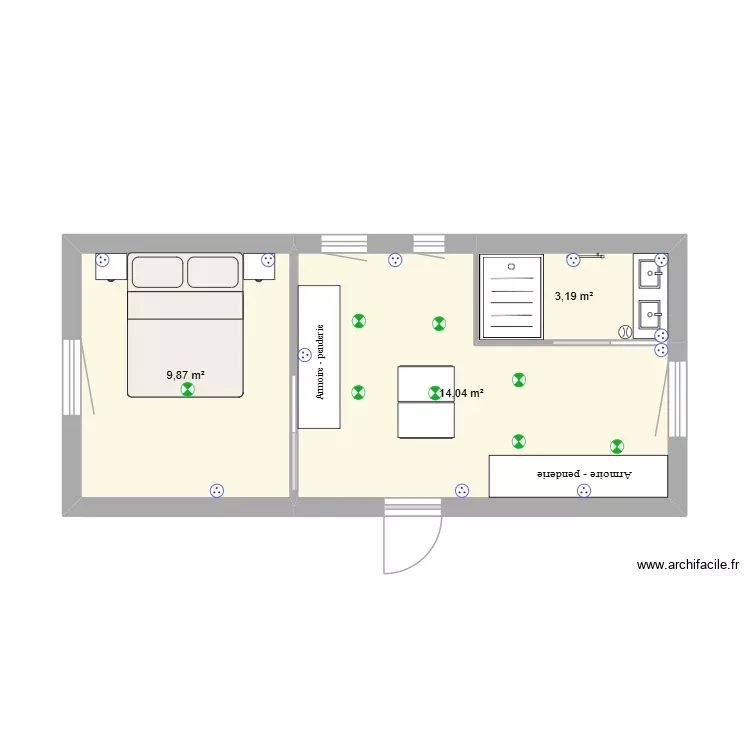 Chambre. Plan de 3 Pièces et 27 m²