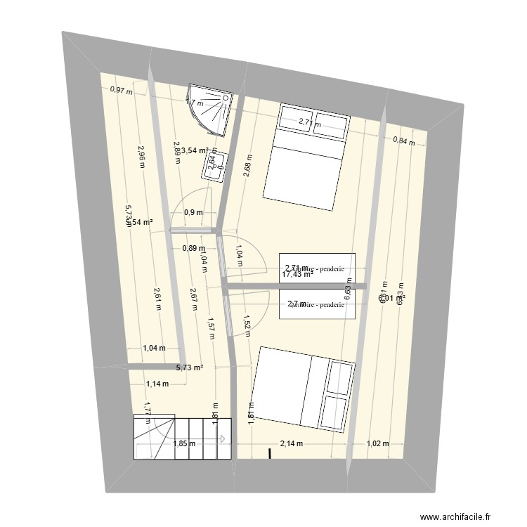 Etage. Plan de 5 pièces et 38 m2