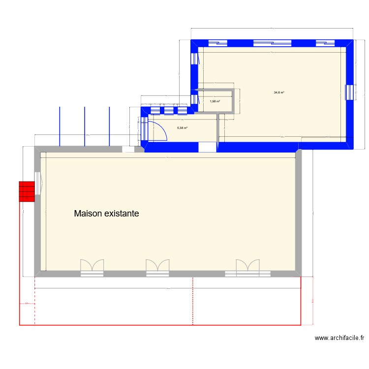Extension + extérieur - sans escalier + Fenètres - avec murs intérieurs- V2. Plan de 4 pièces et 124 m2