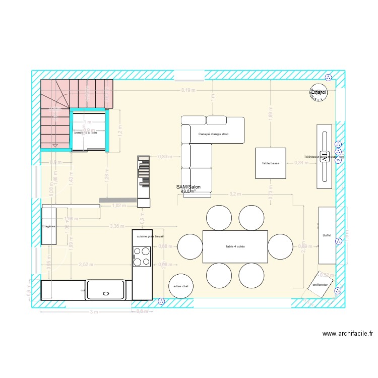 BAS SALON SAM. Plan de 1 pièce et 50 m2