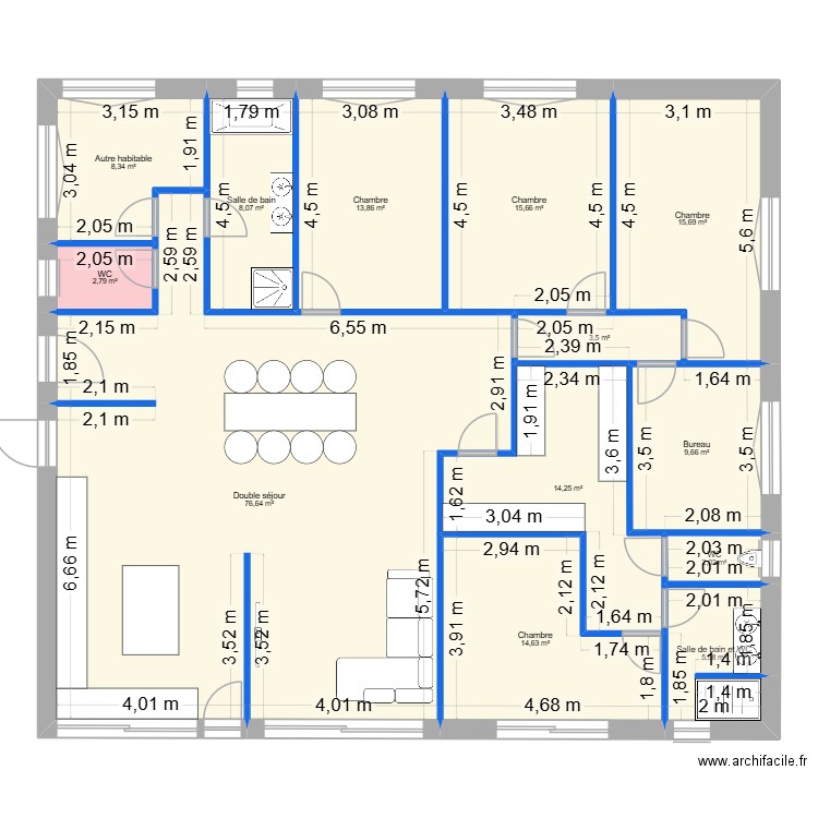 Mareugheol rectangle. Plan de 13 pièces et 191 m2