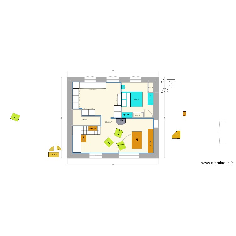 en face : essai 4 janvier. Plan de 5 pièces et 53 m2