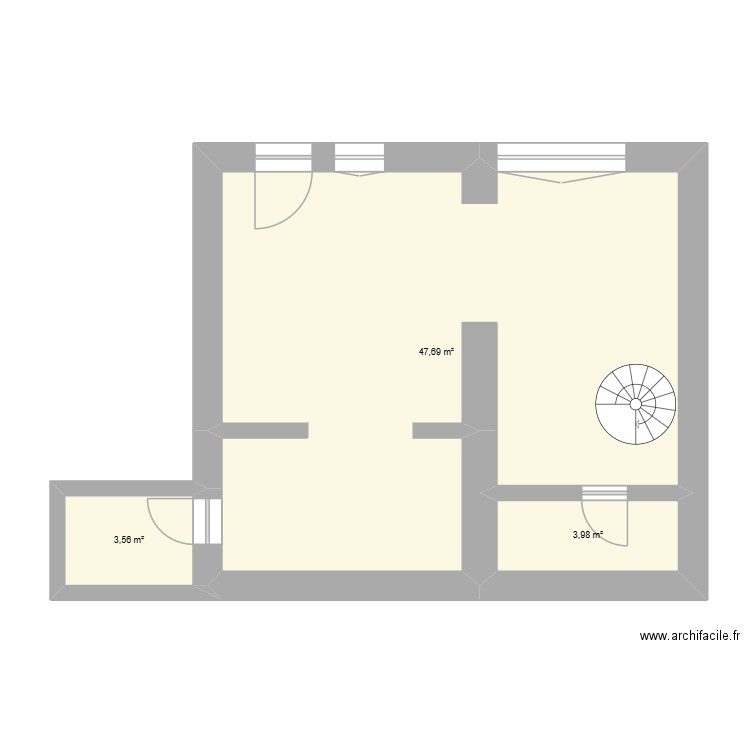 initial. Plan de 3 pièces et 55 m2