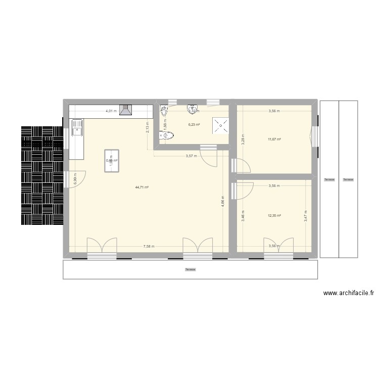 Datcha corrézienne. Plan de 5 pièces et 76 m2