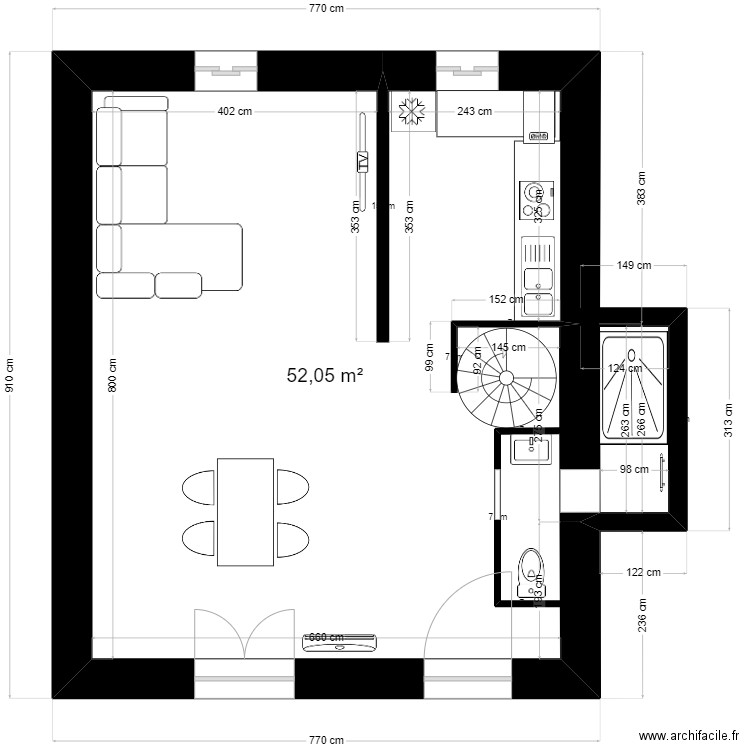 Plan Amate. Plan de 1 pièce et 52 m2