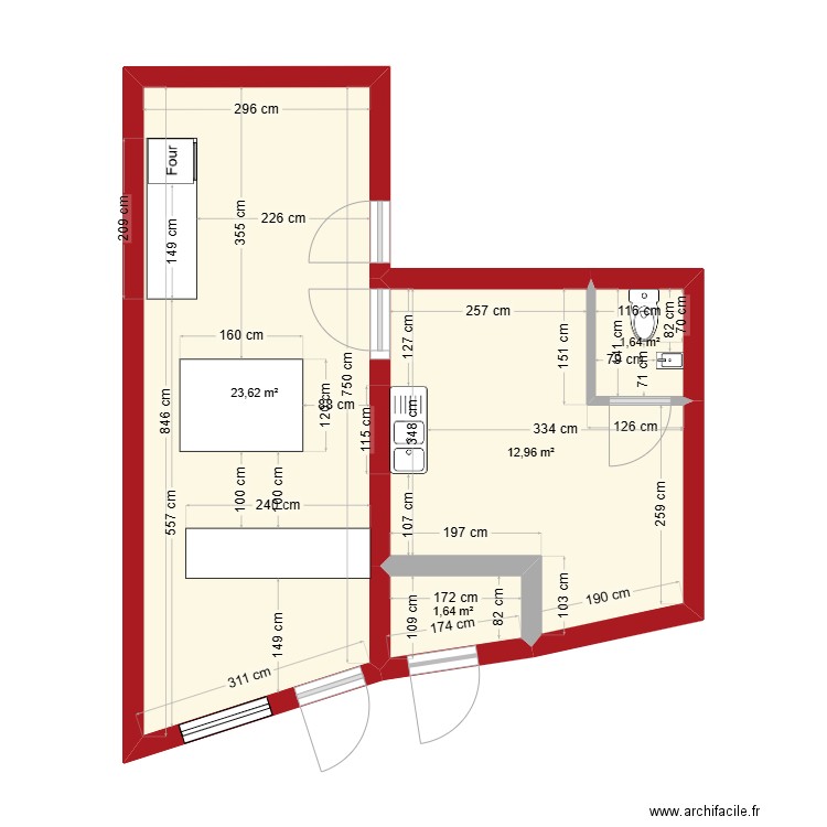 pizzéria. Plan de 4 pièces et 40 m2