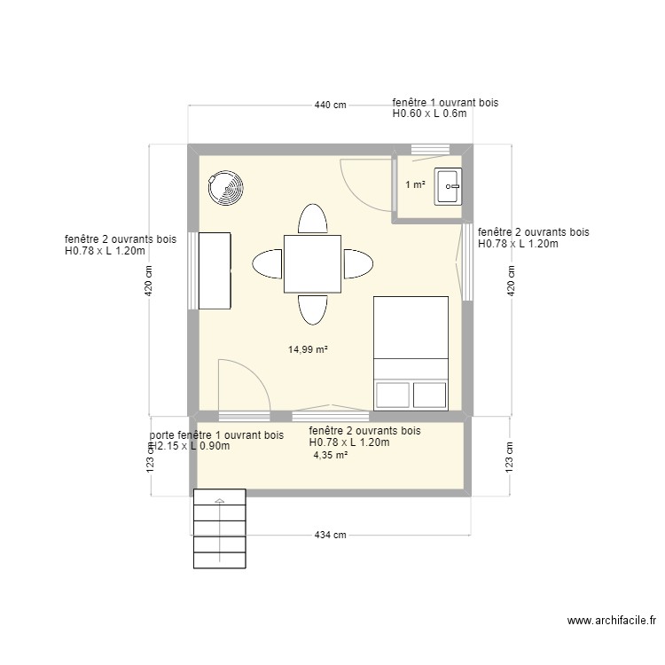 plan cabane 4personnes. Plan de 4 pièces et 28 m2