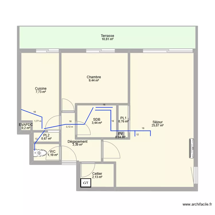 ApptJuju_plomberie. Plan de 12  et 66 m²
