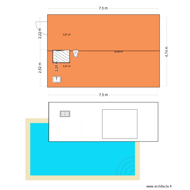 Pool-House. Plan de 3 pièces et 29 m2