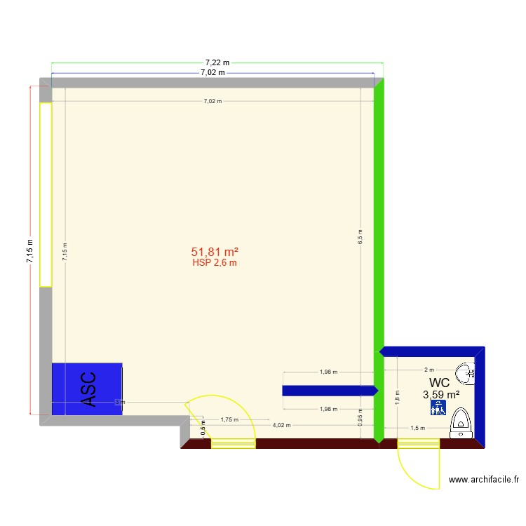 LOCAL SALERNES RDC 56 m². Plan de 2 pièces et 55 m2