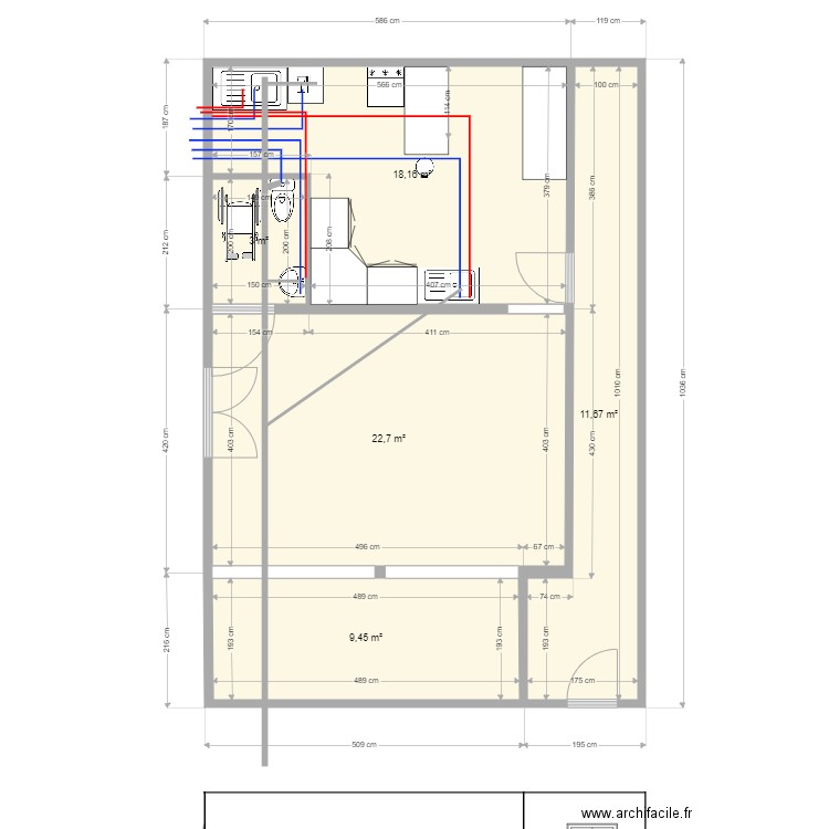 pacifique bar plomberi. Plan de 5 pièces et 65 m2