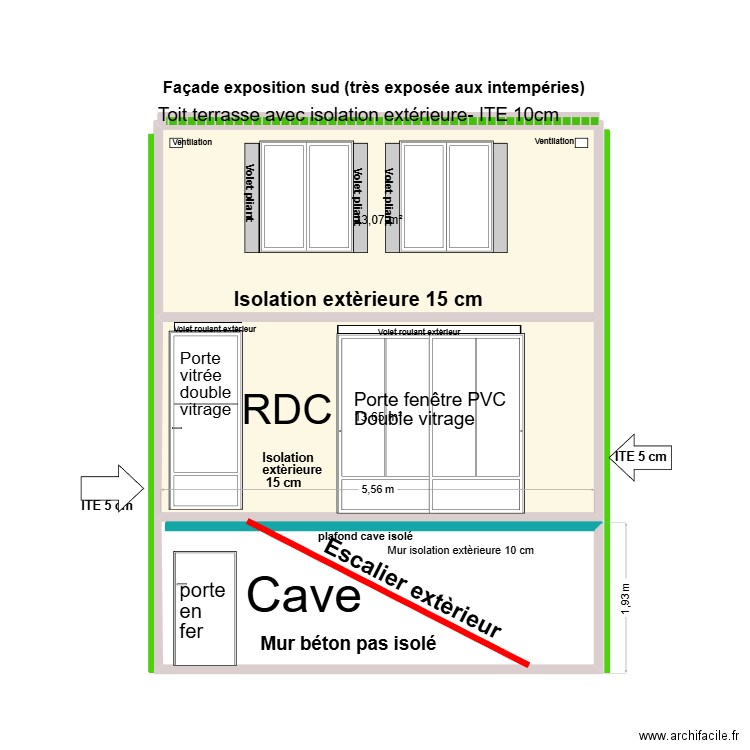 Façade. Plan de 2 pièces et 27 m2