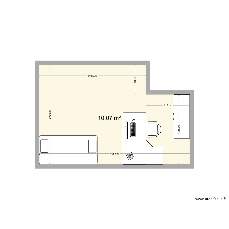 Chambre bureau André. Plan de 1 pièce et 10 m2