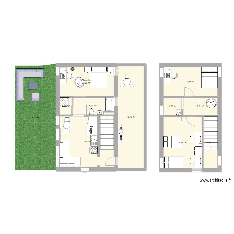 mine. Plan de 10 pièces et 62 m2