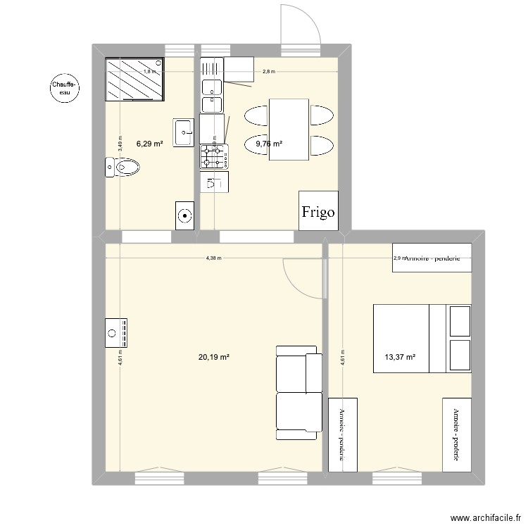 rdc à vivre. Plan de 4 pièces et 50 m2