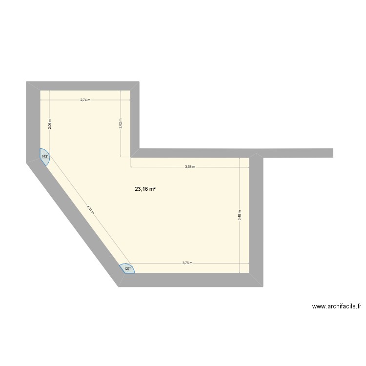 Rez de chaussée. Plan de 2 pièces et 46 m2