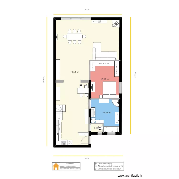 extension maison premier plan. Plan de 6  et 132 m²