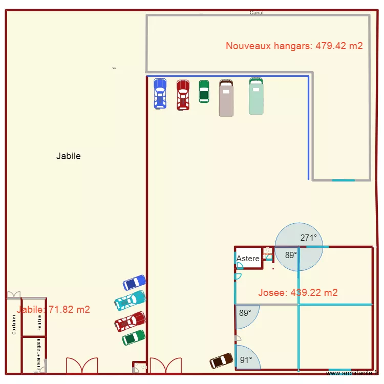 surfaces premiers hangars. Plan de 9  et 864 m²
