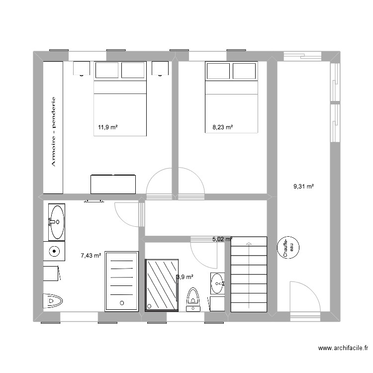 1er Etage _ Travaux. Plan de 6 pièces et 46 m2