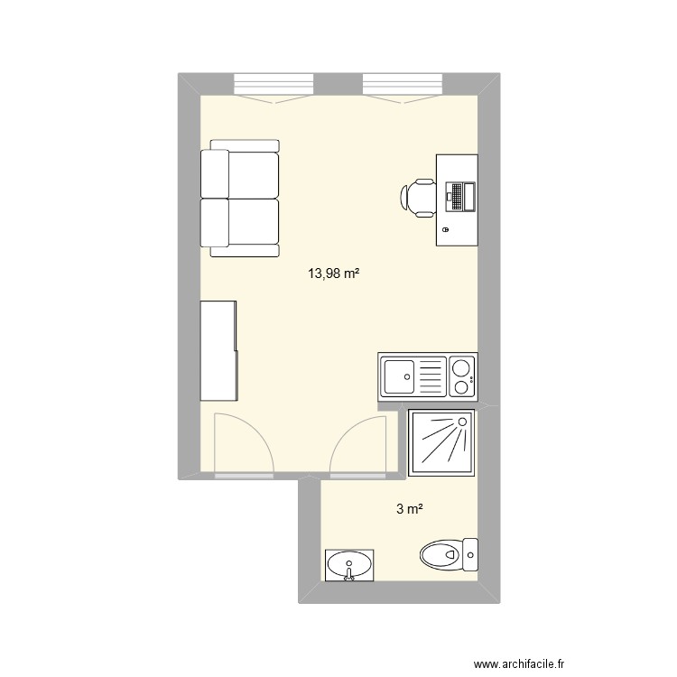 BERTON. Plan de 2 pièces et 17 m2