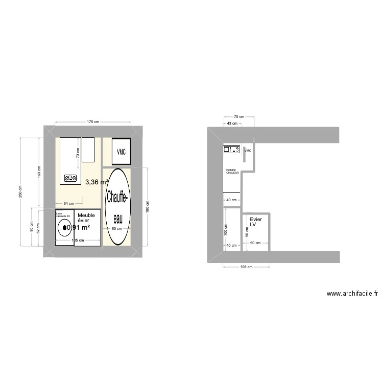cuisine V3. Plan de 2 pièces et 4 m2
