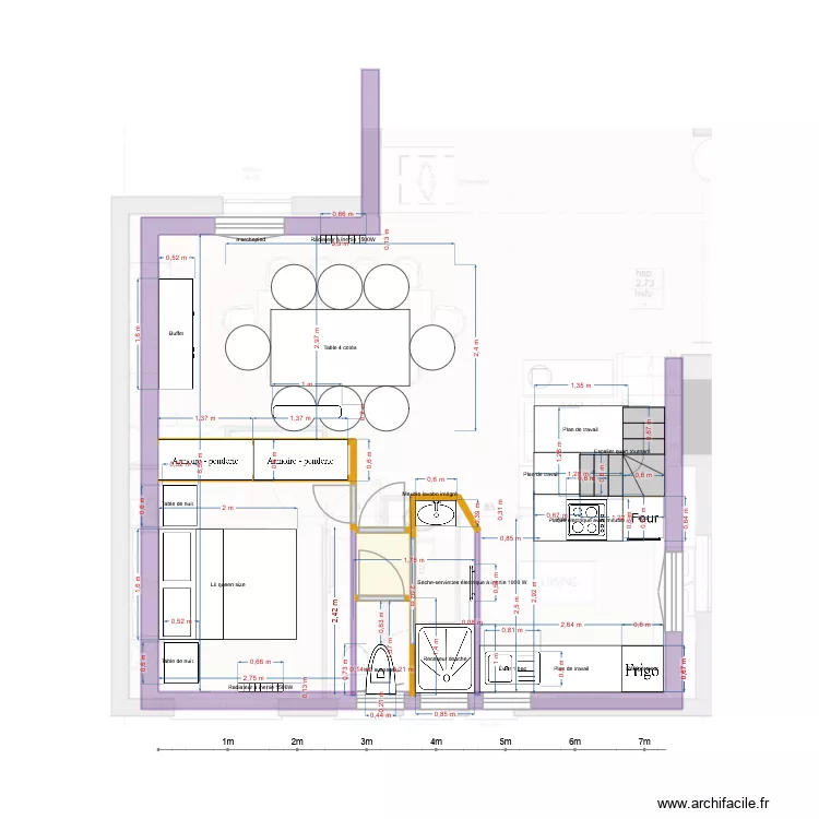plan SDB cuisine chambre SaM  Douche 85 et dimensions reelles Plan initial avec details. Plan de 2  et 2 m²