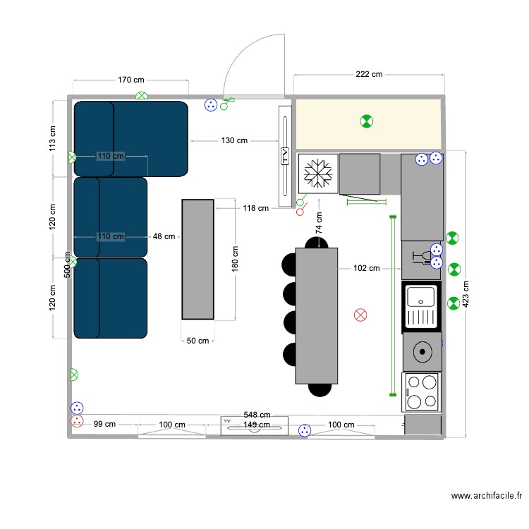 183 BINEAU table salon. Plan de 1 pièce et 2 m2