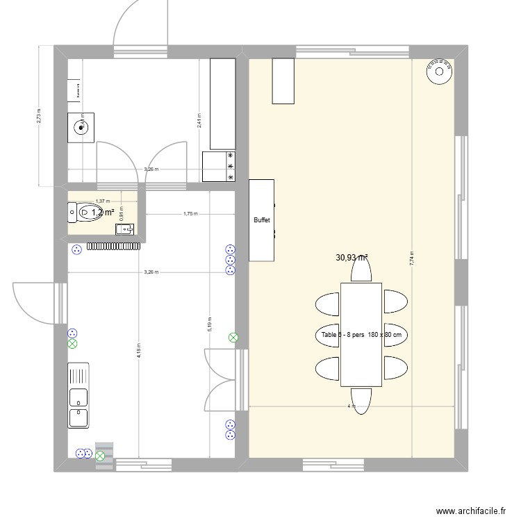 projet veranda cuisine  coté. Plan de 2 pièces et 32 m2