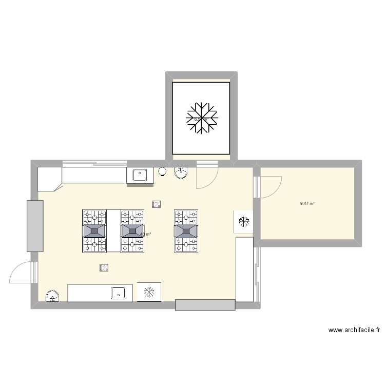 cuisine. Plan de 3 pièces et 56 m2
