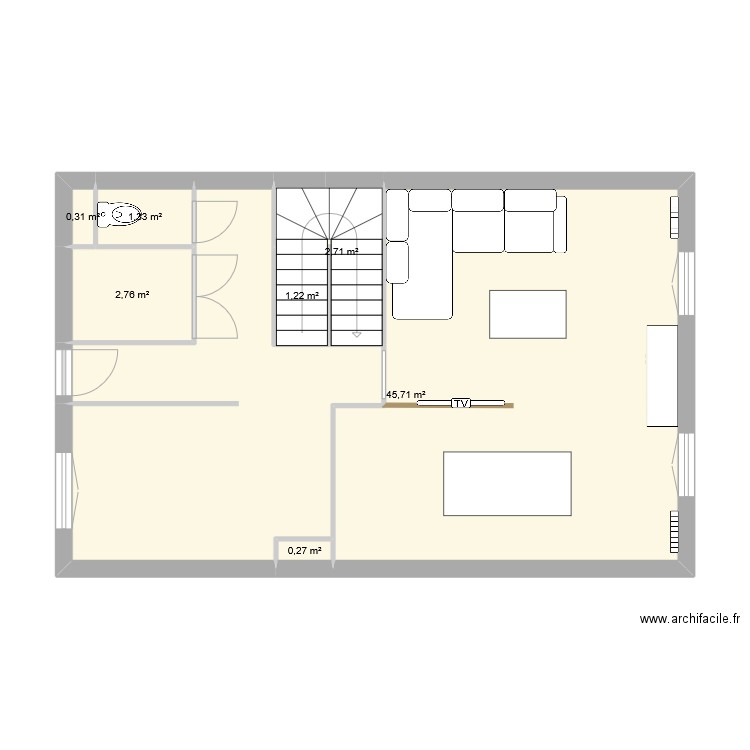 RDC. Plan de 7 pièces et 54 m2