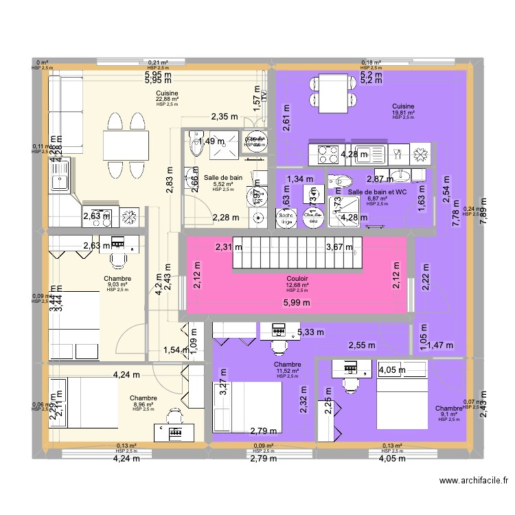 2eme ETAGE. Plan de 21 pièces et 108 m2