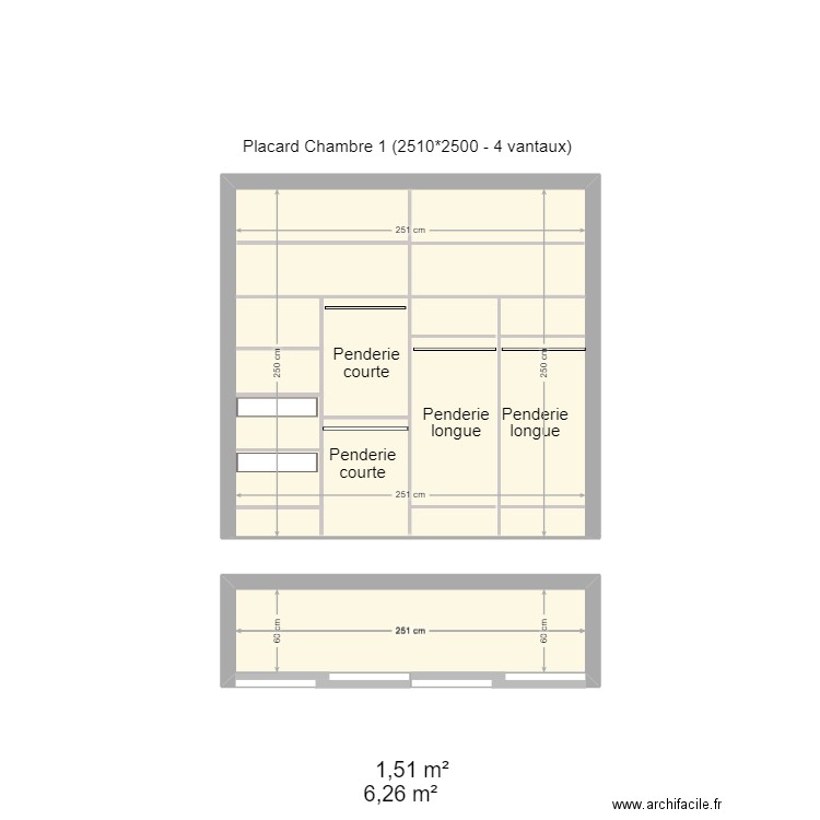 Placard Chambre 1 - 4 vantaux. Plan de 2 pièces et 8 m2