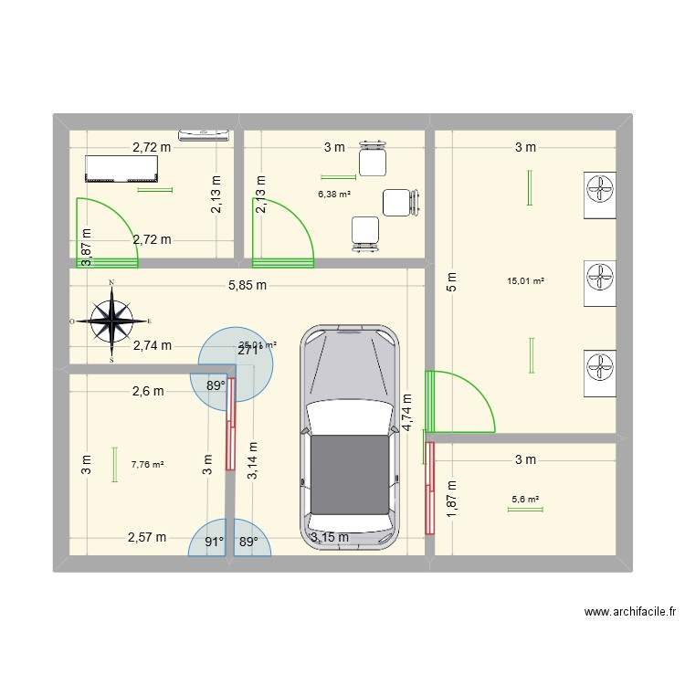 Chambre. Plan de 5 pièces et 60 m2