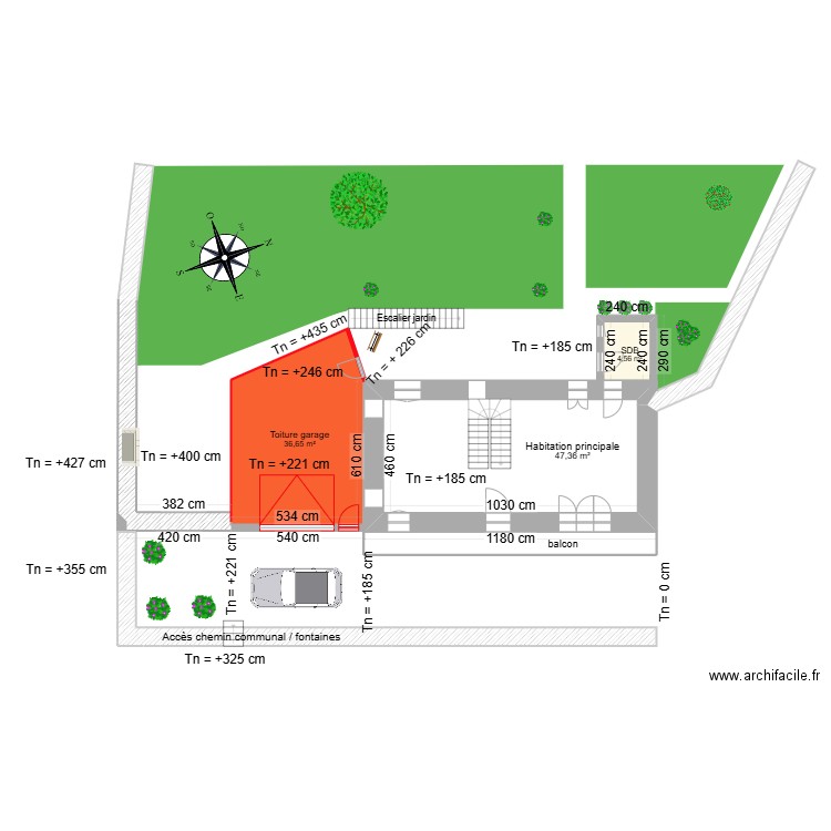 PC2_plan de masse_démolitions_toitures (en rouge). Plan de 4 pièces et 100 m2