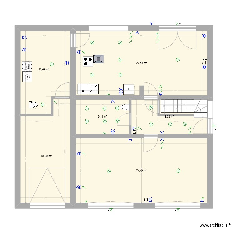 LLN - électricité. Plan de 12 pièces et 195 m2
